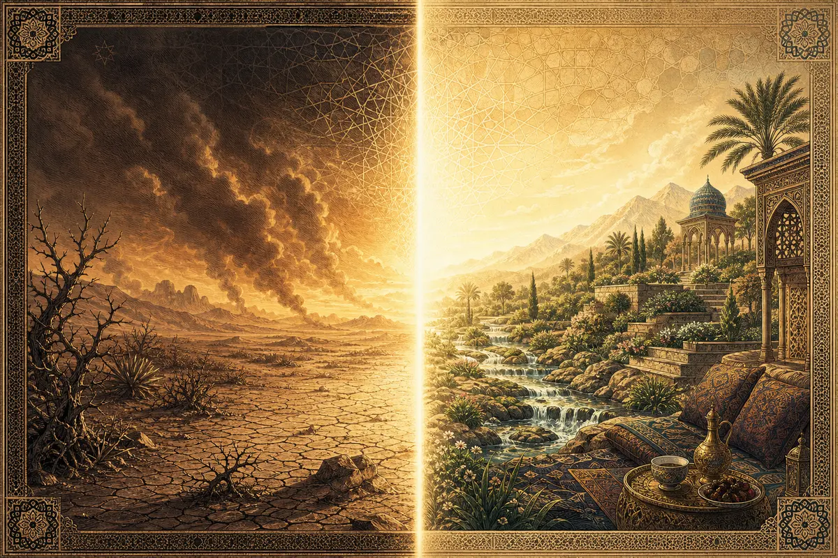 A symbolic split desert landscape divided by overwhelming light: smoke, thorns, and cracked earth on one side; a radiant garden, flowing spring, raised platforms, cushions, and cups on the other