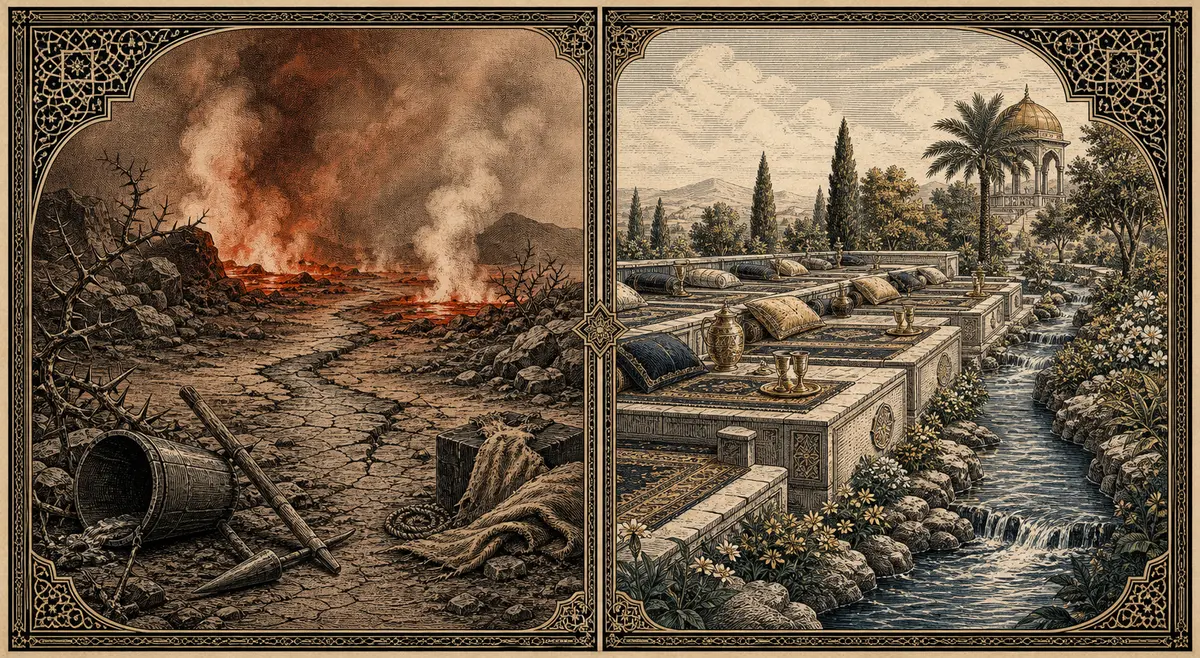 A symbolic diptych: smoke, thorns, cracked earth, and a harsh spring on the left; a serene garden with flowing water, cushions, cups, and carpets on the right