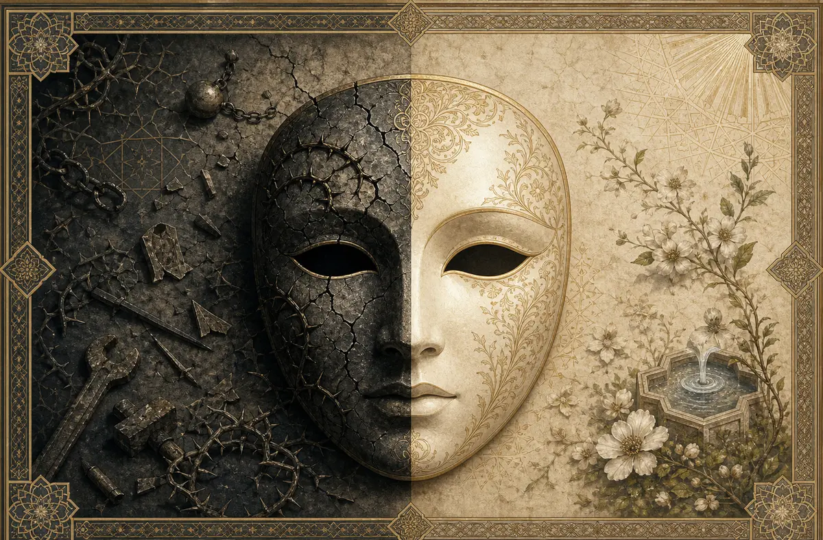 A symbolic mask on parchment split between shadow and light, with cracked thorn patterns on one side and serene geometric floral patterns on the other