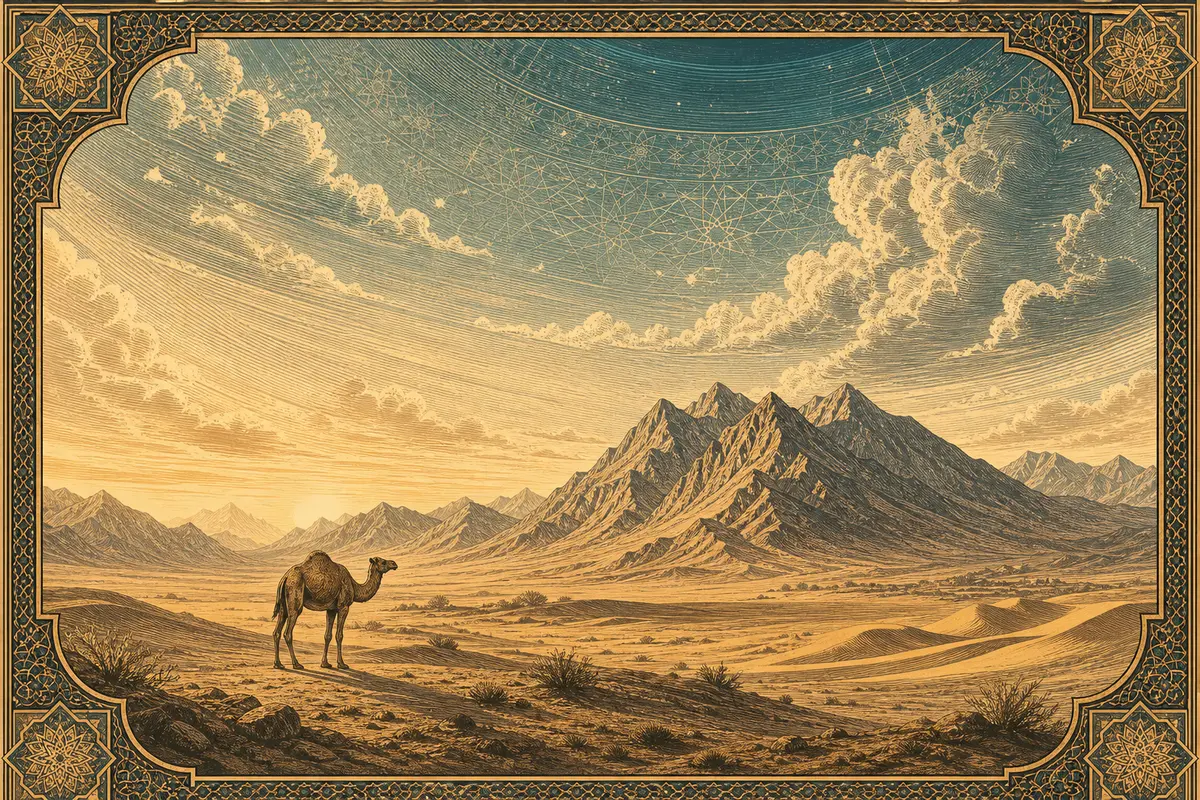 A solitary camel in a wide desert at golden hour beneath a vast raised sky, with mountain ranges on the horizon and earth spreading outward