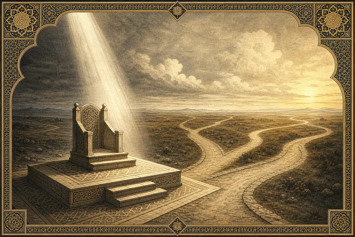 An empty raised stone marker on a vast plain beneath quiet light, with paths branching across the horizon to symbolize free response to a reminder