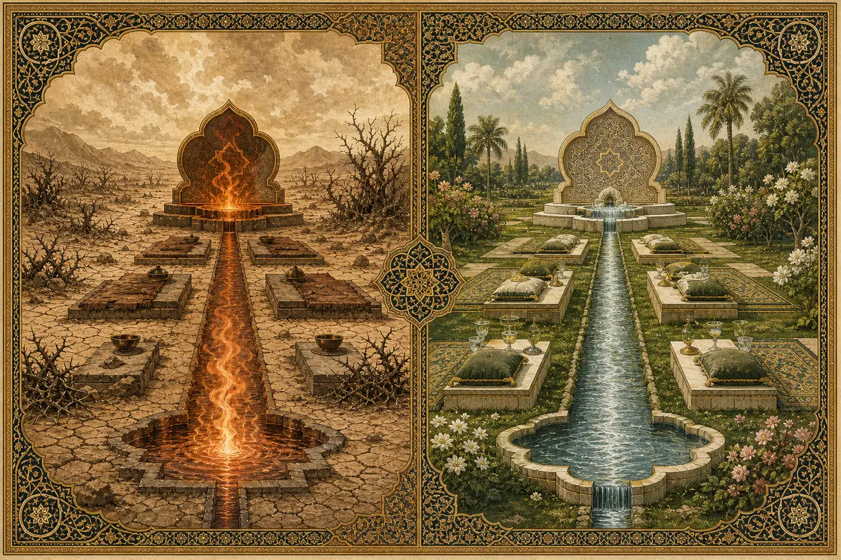 A mirrored diptych: barren cracked earth with thorns and a fire-colored spring on the left; a lush garden with clear flowing water, cushions, cups, carpets, and raised platforms on the right