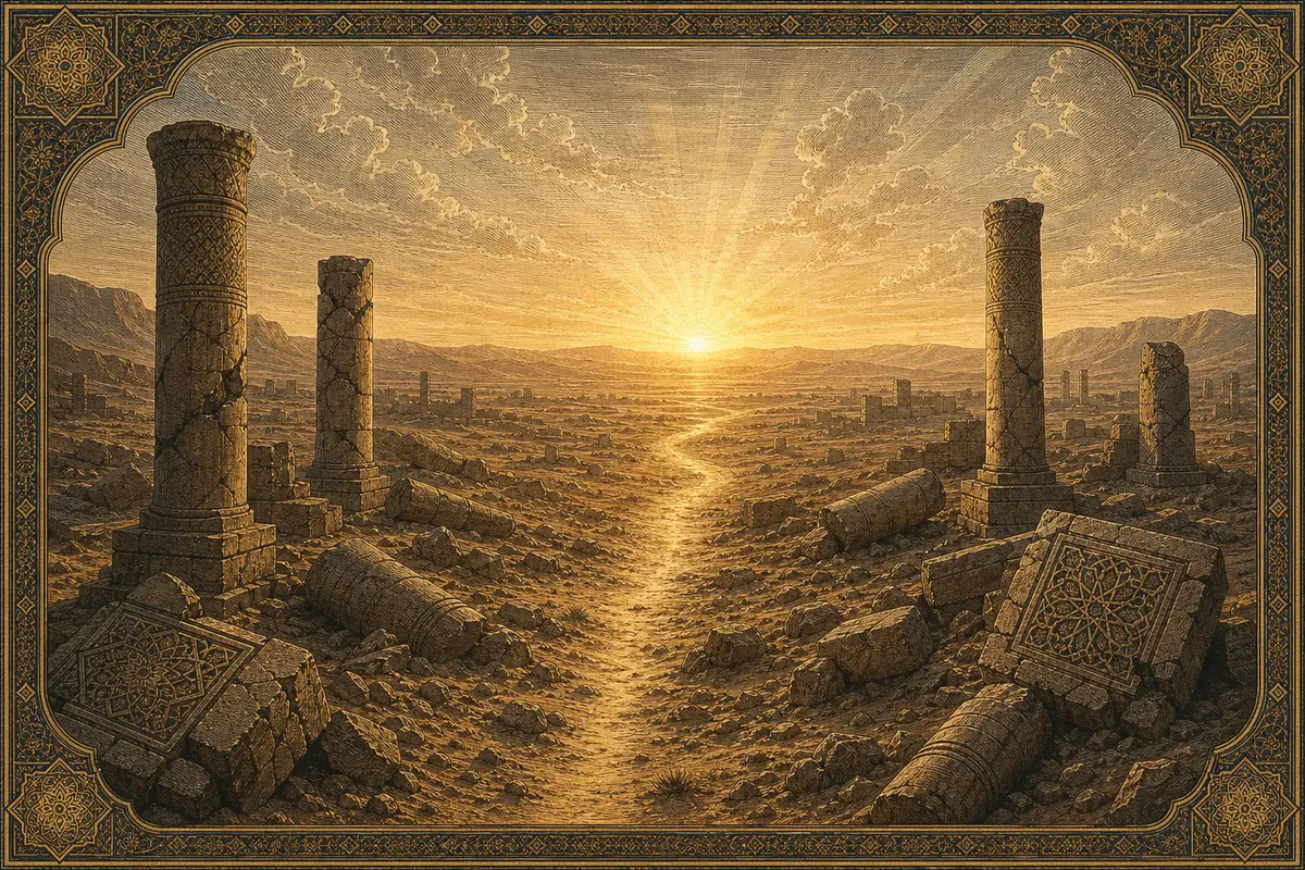 Dawn breaking over a vast desert with half-buried colossal pillars and a golden path of light cutting toward the horizon