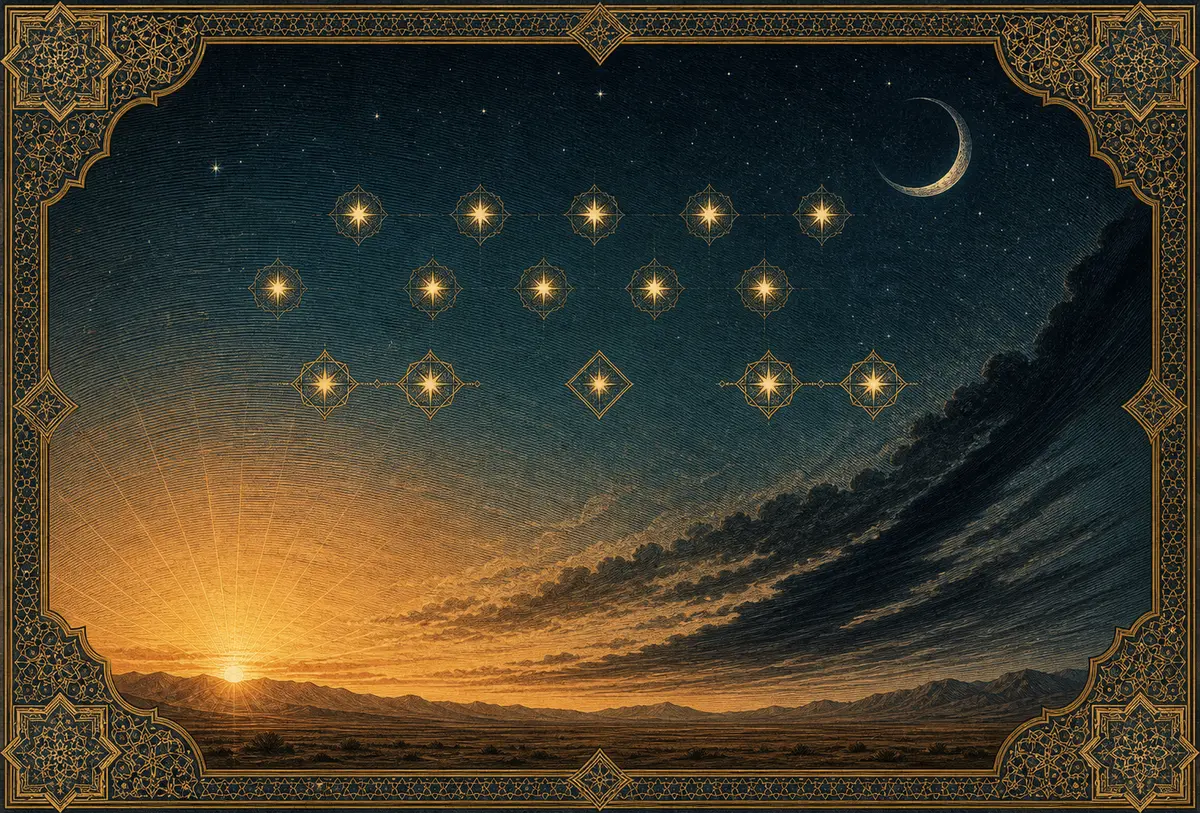 A pre-dawn desert sky with amber light, a fading crescent, subtle star-like markers for ten nights, and darkness retreating westward
