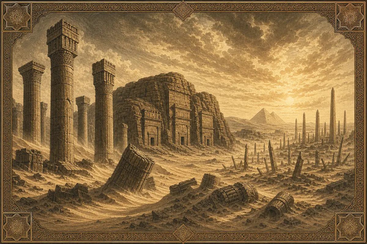 A panoramic desert ruin with collapsed pillars, distant rock-carved facades, and far pyramid-like silhouettes without figures or carved faces