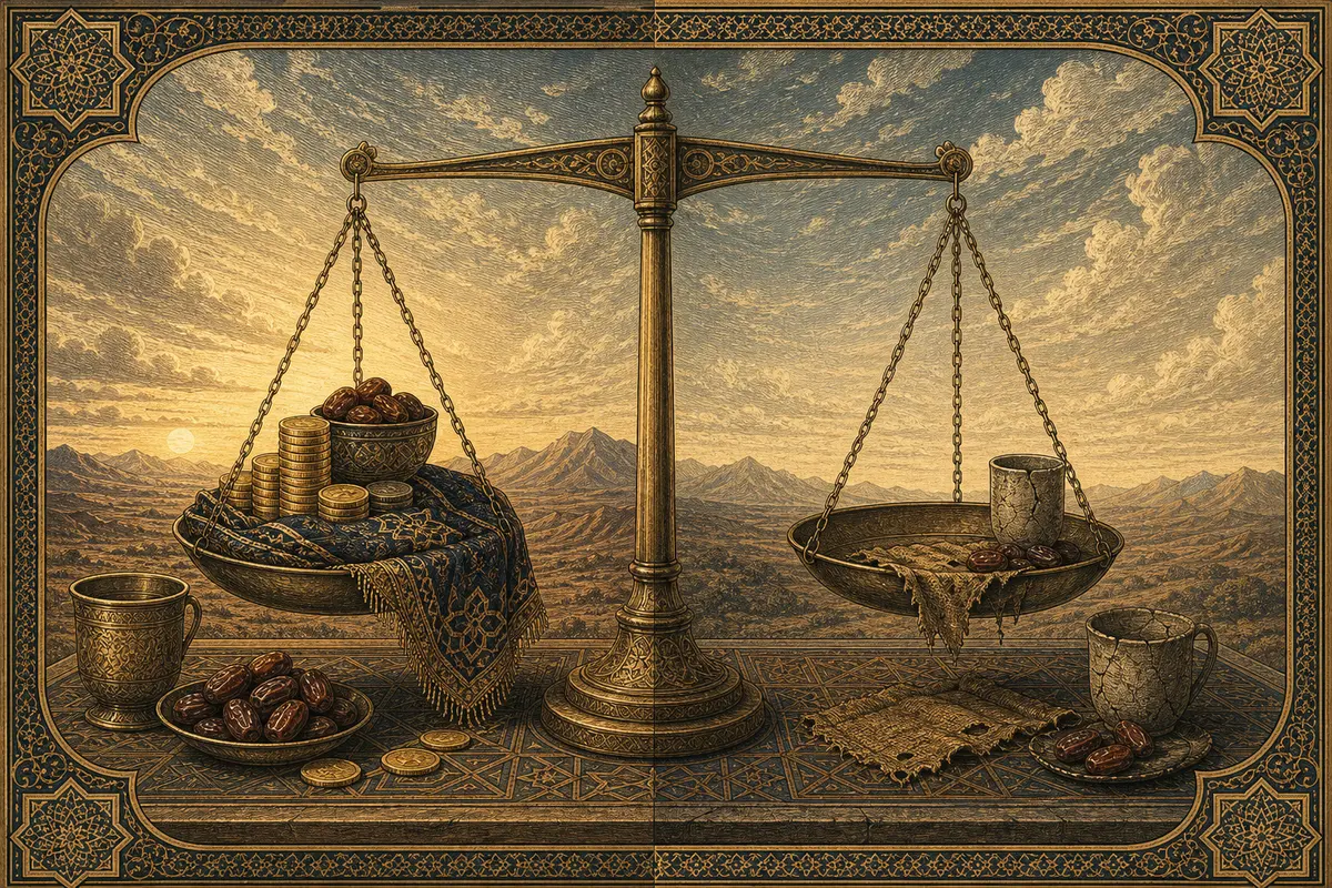 A symbolic split still life under one sky: abundance on one scale pan and scarcity on the other, representing two forms of divine test