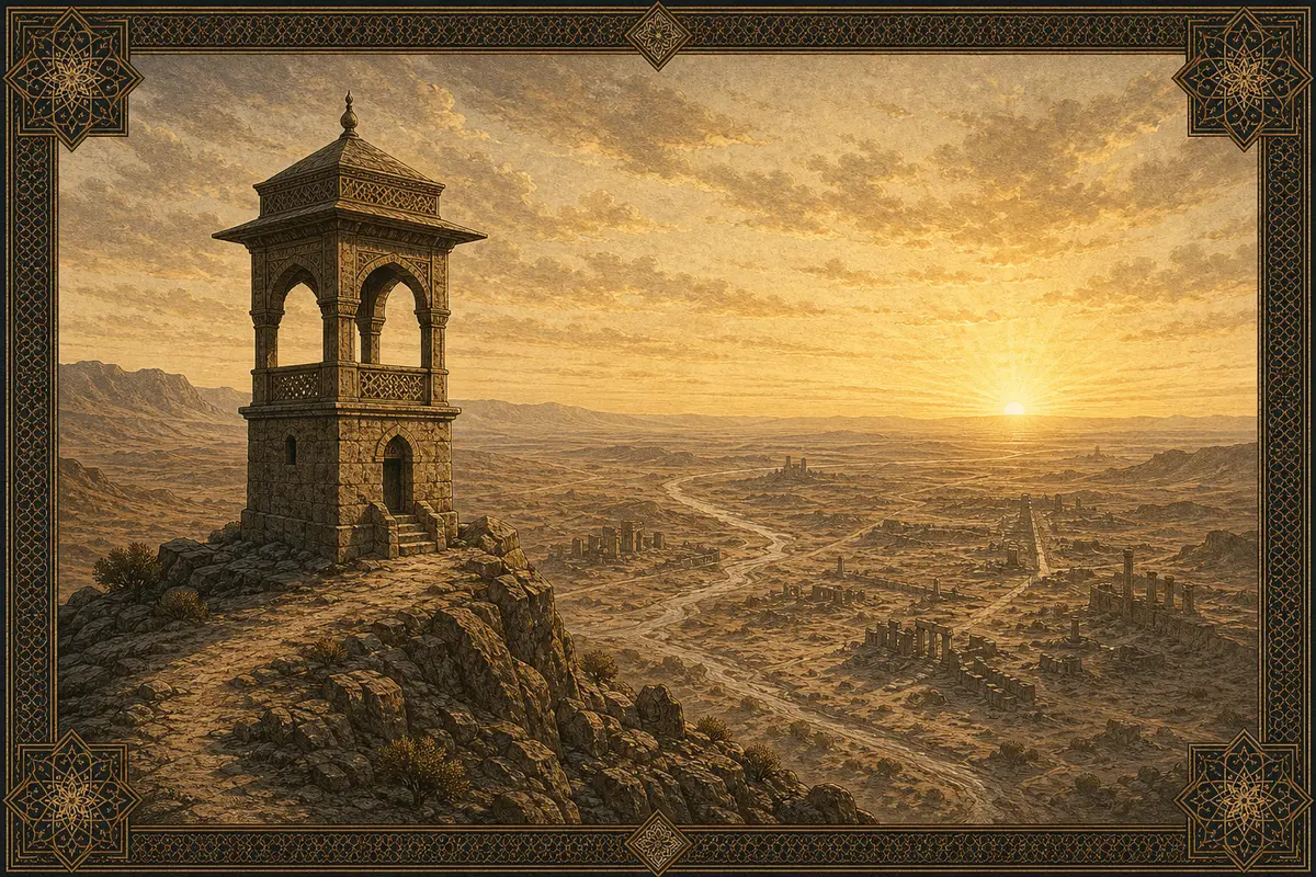 An empty ancient watchtower on a high ridge at dawn overlooking a vast desert valley with distant ruins and roads