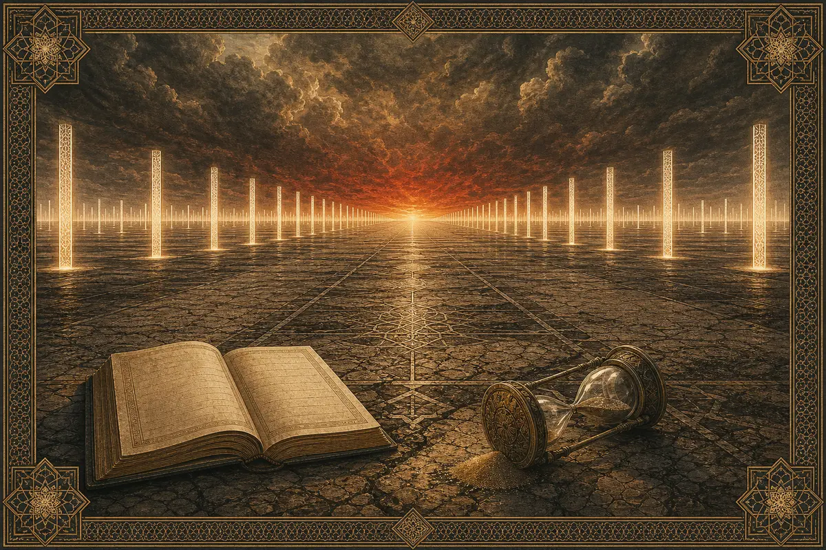 A vast level plain with ordered luminous pillars, a distant ember glow, an empty ledger, and a dropped hourglass