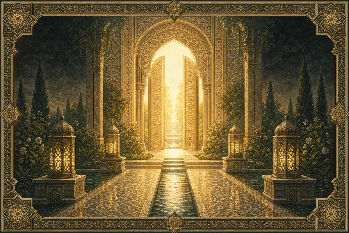 An abstract garden gate of golden light at the end of a quiet path, with water, greenery, and geometric lanterns suggesting peaceful return