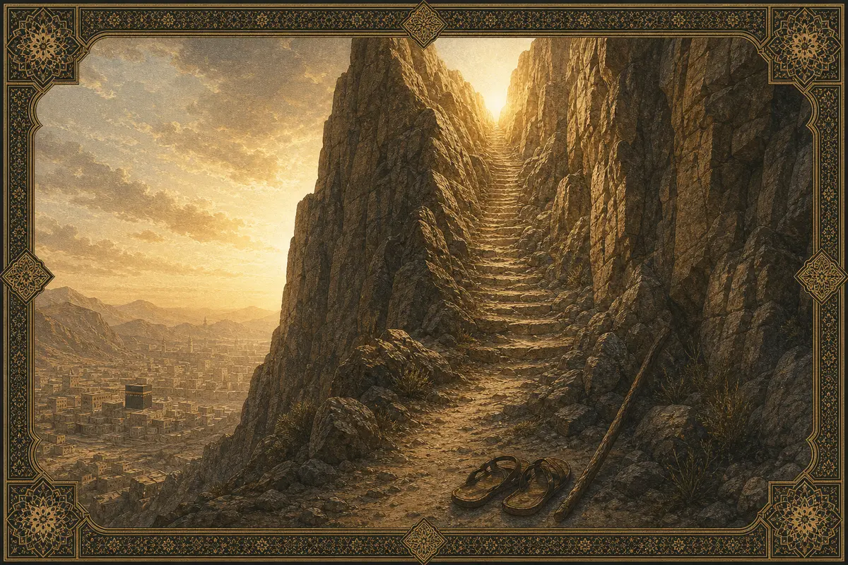 A steep mountain pass between desert cliffs with golden light at the summit, worn sandals and a staff at the base, and ancient Mecca in distant haze