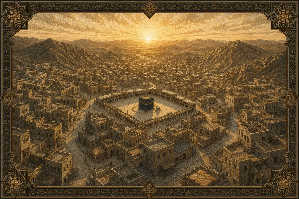 A respectful dawn view of ancient Mecca architecture with the Kaaba centered in an empty sanctuary courtyard and streets radiating outward