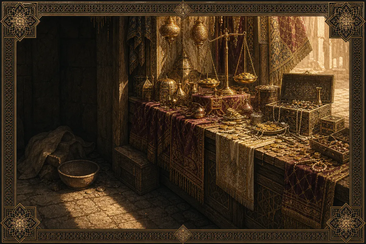 An empty market stall overflowing with goods and coins while a simple bowl and torn cloth sit unnoticed in shadow