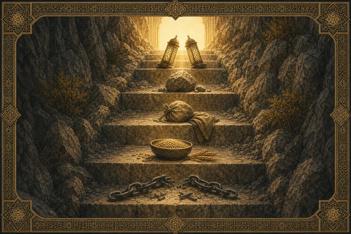 A steep rough stone stairway with symbolic mercy objects on five steps: broken chains, grain bowl, orphan bundle, lifted stone, and paired counsel lamps