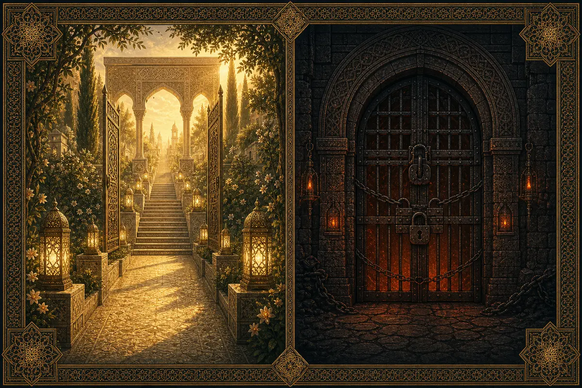 A split scene with an illuminated open ascending path and joined lanterns on one side, and a locked ember-lit chamber on the other