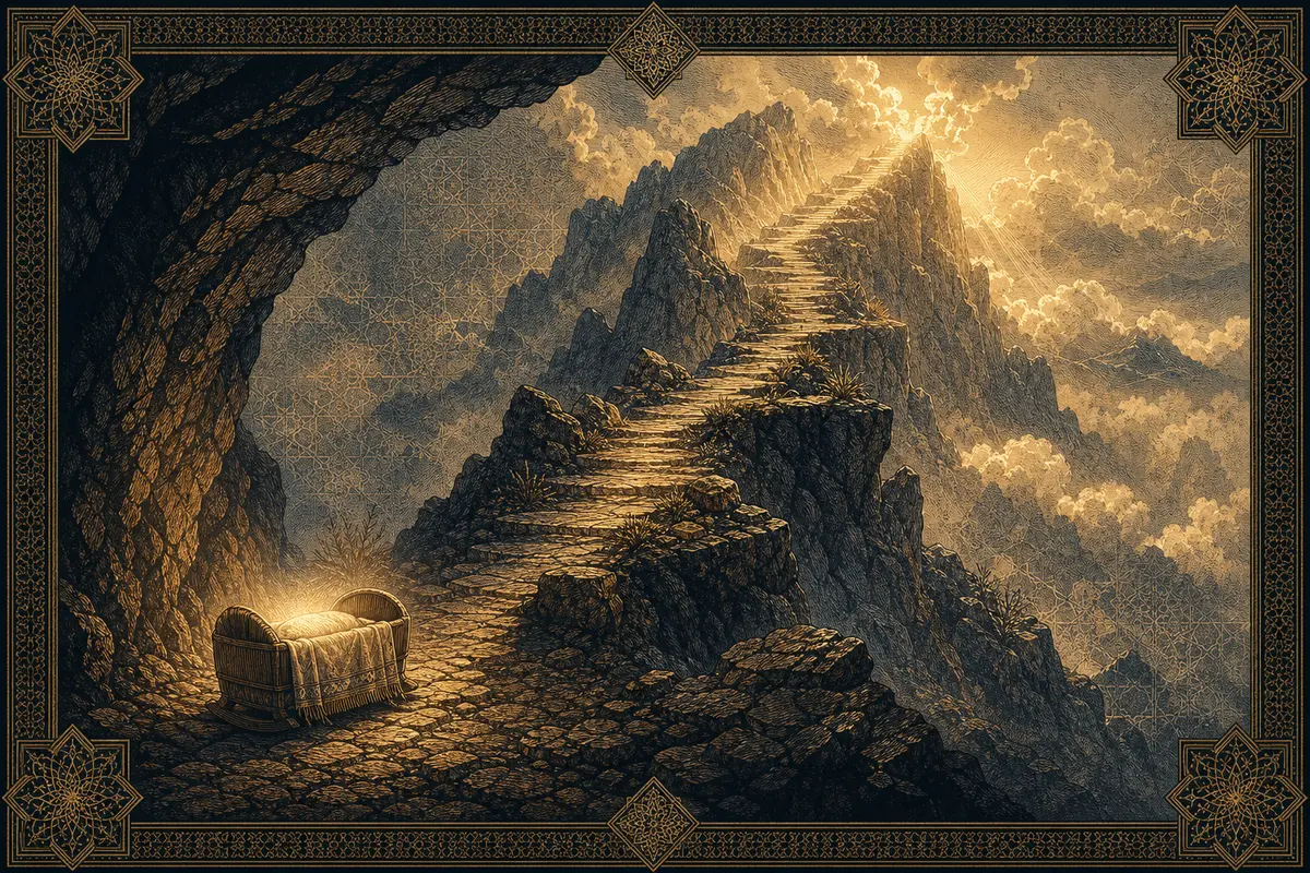 An abstract cradle-like bundle of light at the base of a steep mountain path rising from darkness into dawn