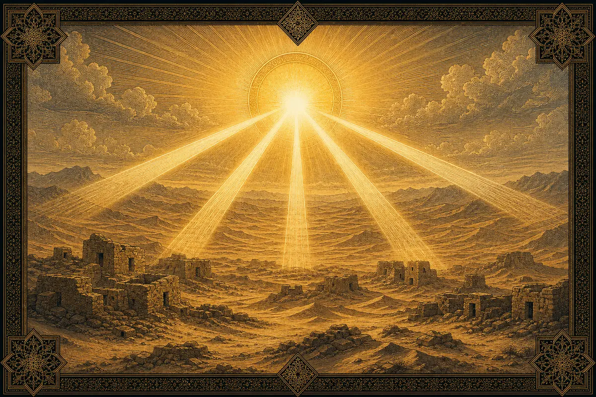 A blazing sun rises over a desert, sending seven rays across half-buried ancient stone dwellings and barren sand