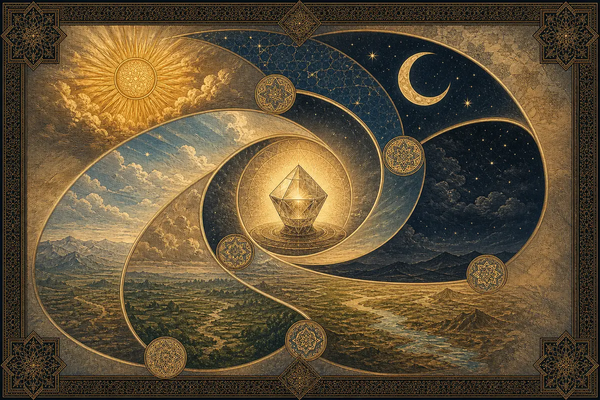 Seven cosmic symbols spiral toward a central balanced crystal vessel: sun, moon, daylit sky, night, firmament, earth, and soul-symbol