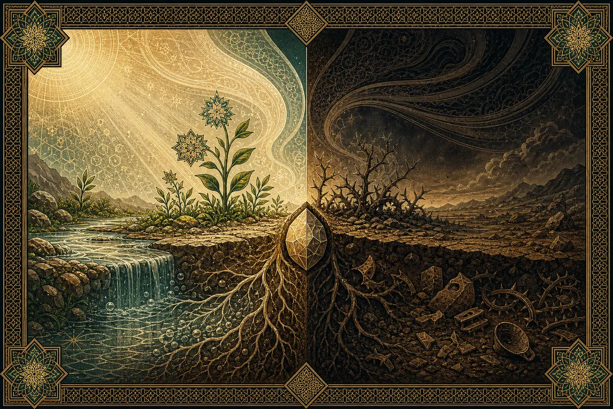A central seed or crystal split between light, water, and geometric growth on one side and dark soil, thorns, and buried debris on the other