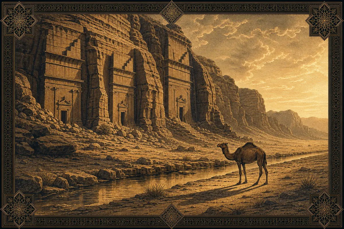 Sandstone cliff facades stand weathered in the desert while a solitary camel waits near a simple water channel in late light