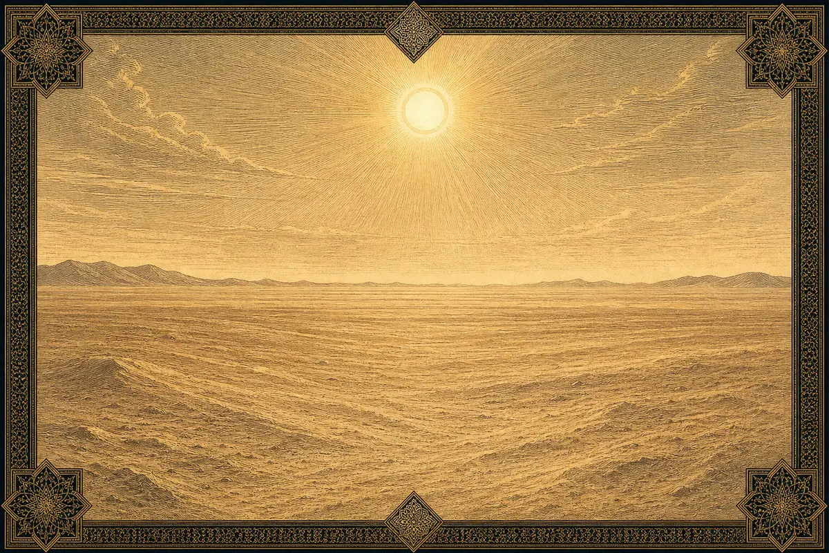 A vast flat empty desert stretches to the horizon under a clear unblinking sun, with no visible trace of habitation