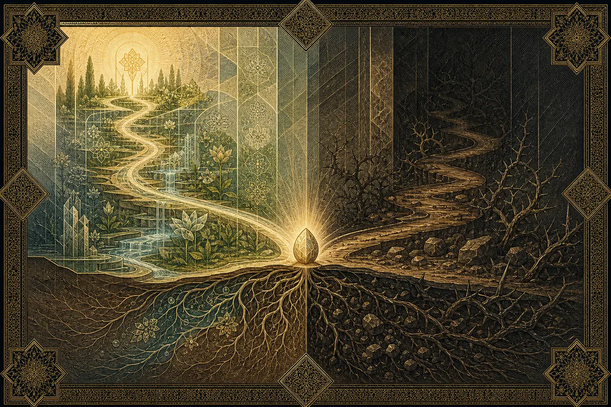 Two paths diverge from one luminous seed: one ascends through light and growth, the other descends through dark earth and thorns