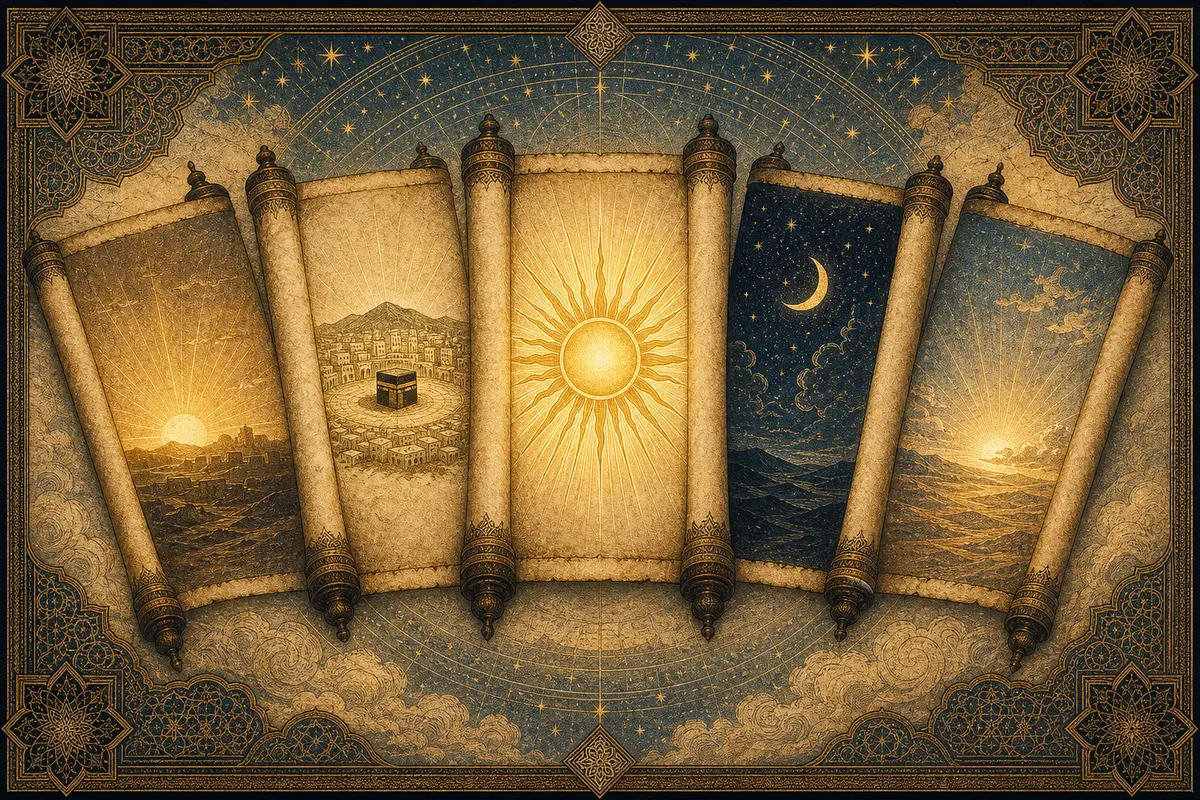 Five blank scrolls fan across parchment, each marked by a non-text celestial symbol, with the central sun scroll glowing brightest