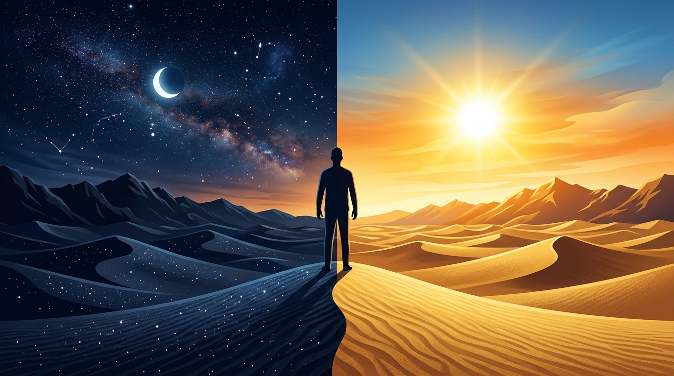 A landscape divided precisely in half -- deep indigo night on the left with stars, golden daylight on the right with sun -- and a single human silhouette standing at the exact division line, facing the viewer