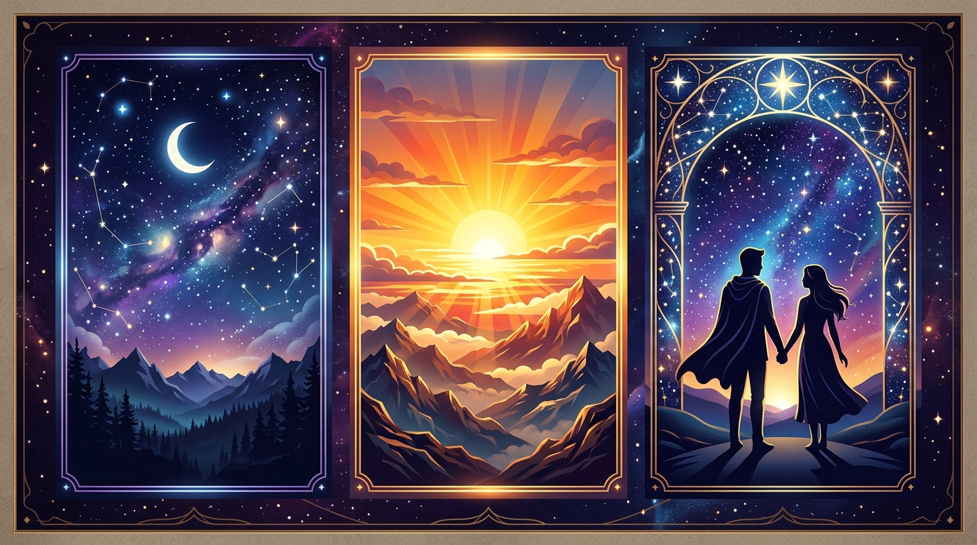 Three celestial panels side by side: a dark veiled night sky, a blazing golden sunrise, and a man and woman standing beneath an arch of stars -- the three oaths visualised