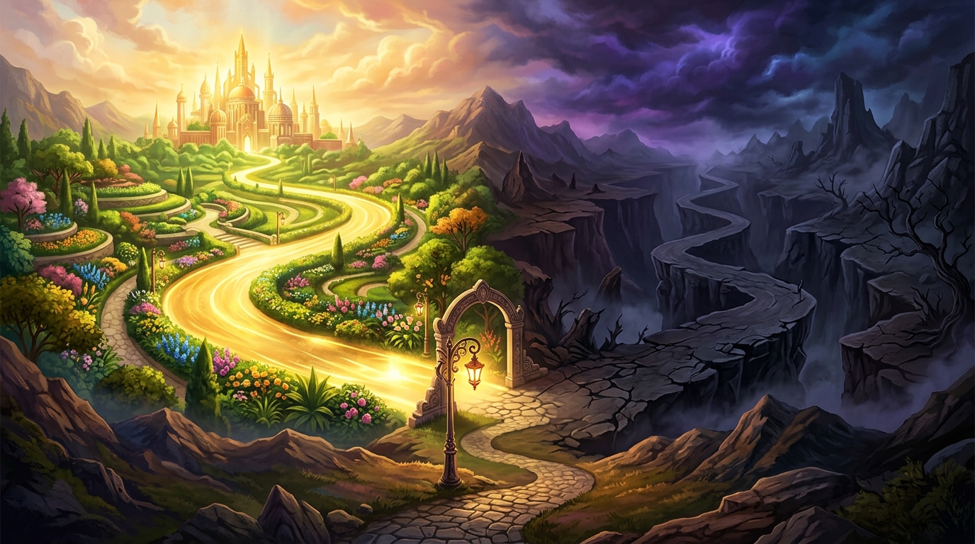 Two parallel roads diverging from a single point -- one widening into golden light, the other narrowing into deep shadow -- both appearing smooth and effortless to walk