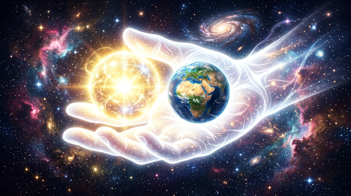 A vast cosmic panorama where a hand of light holds two spheres -- one luminous representing the Hereafter, one earthen representing this world -- both cupped in the same palm