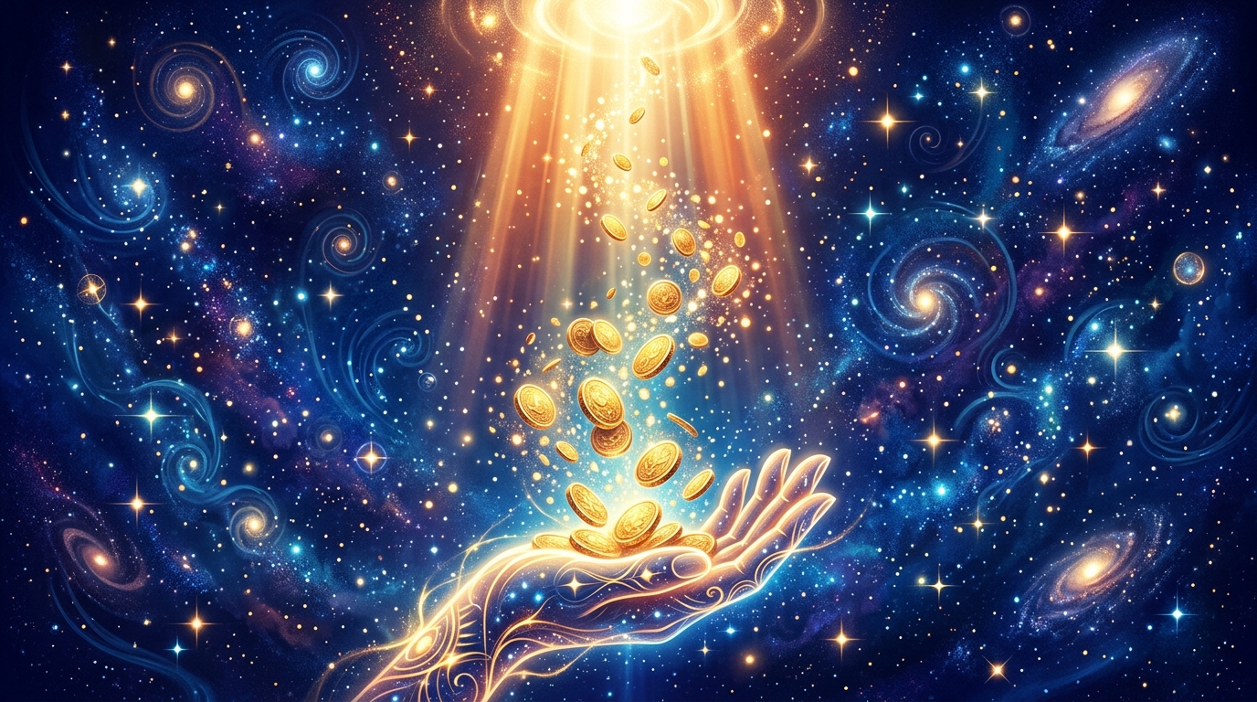 An open palm releasing golden coins upward into a beam of divine light, the coins dissolving into particles of luminance as they ascend -- giving as purification