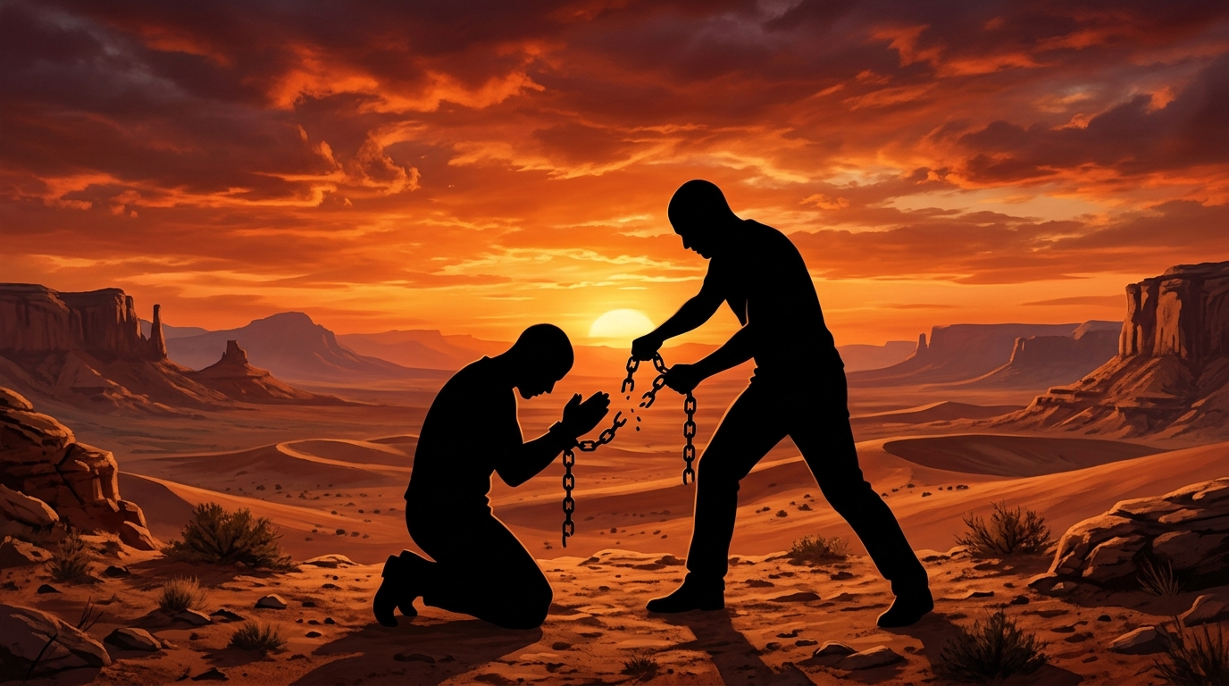 A man standing in desert heat, silhouetted against a burning sky, breaking chains from another man's wrists -- a single act of purchase that changed the sound of prayer forever