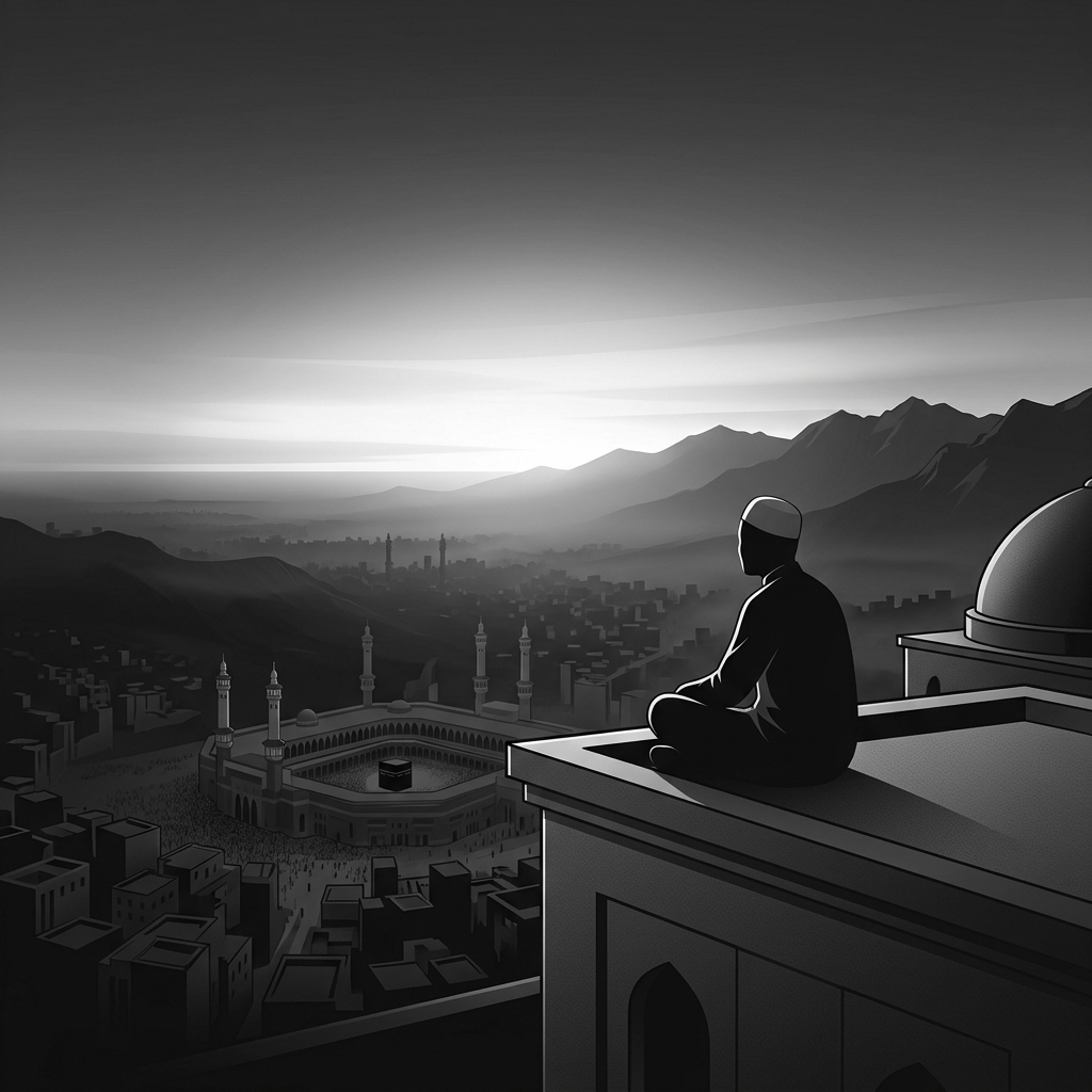 A solitary figure sitting on a rooftop at the precise moment dawn breaks over Mecca, the first gold light touching his face while the last blue darkness clings to the valleys below