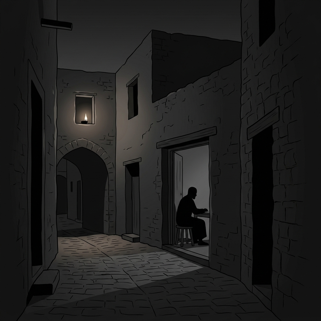 A dark Meccan alleyway before dawn, a single oil lamp burning in a window, a man's silhouette visible through the doorway, sitting alone, waiting